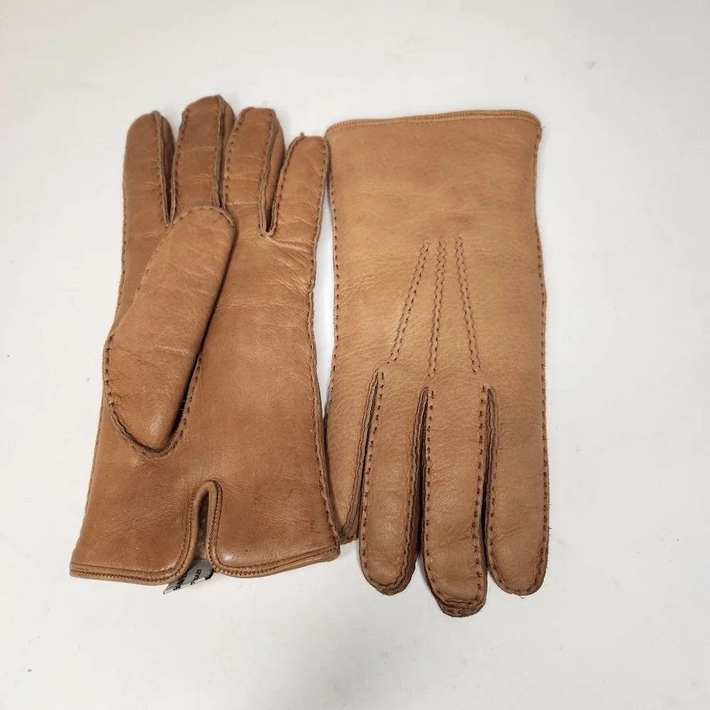 vintage leather khaki driving gloves saks fifith avenue sherpa lined womens 80s